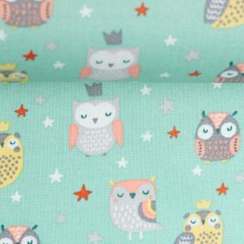 Preview: 50x70 cm Zuschnitt Baumwolle beschichtet Bunte Eulen auf Türkis by Swafing